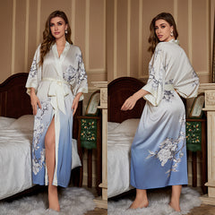 Women Ombre Blue Print Satin Silk Kimono Robe