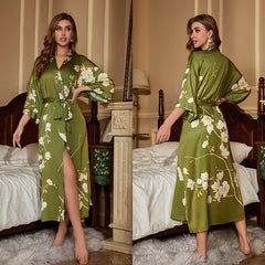 Women's Flower Printed Satin Silk Kimono Robe