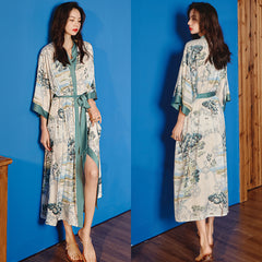 Women Tree Printed Satin Silk Kimono Robe