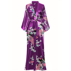 Peacock Print Long Silk Kimono Robe