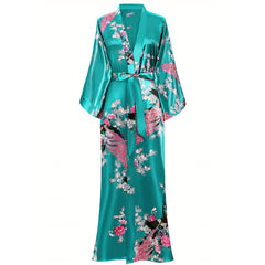 Peacock Print Long Silk Kimono Robe