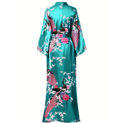 Peacock Print Long Silk Kimono Robe