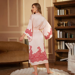 Flower Printed Women Satin Silk Kimono Robe