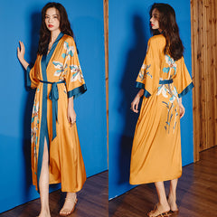 Women Flower Printed Satin Silk Kimono Robe