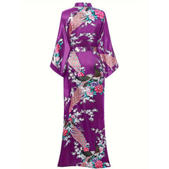 Peacock Print Long Silk Kimono Robe