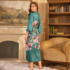 Women Green Flower Print Satin Silk Kimono Robe