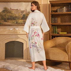 Women White Flower Printed Satin Silk Kimono Robe