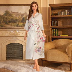 Women White Flower Printed Satin Silk Kimono Robe