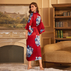 Women Red Flower Printed Satin Silk Kimono Robe