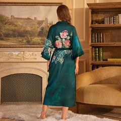 Women Geeen Flower Printed Satin Silk Kimono Robe