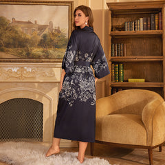 Women Black Flower Printed Satin Silk Kimono Robe