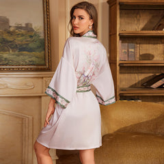 Women Short Flower Printed Satin Silk Kimono Robes