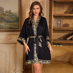 Women Short Flower Printed Satin Silk Kimono Robes