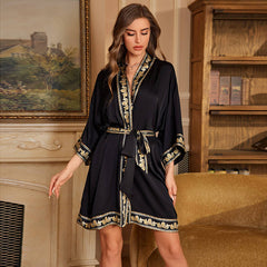 Women Short Flower Printed Satin Silk Kimono Robes