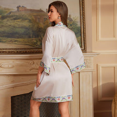 Women Short Flower Printed Satin Silk Kimono Robe