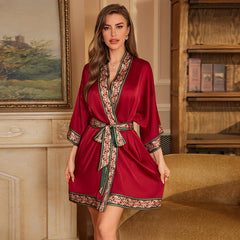 Women Short Flower Printed Satin Silk Kimono Robes